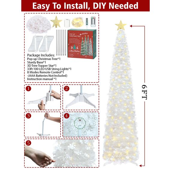 HMASYO 180 cm Pop-Up Lametta Weihnachtsbaum mit 100 Timer-Lichter und Fernbedienung, Weiß Zusammenklappbarer Künstlicher Schlanken Weihnachtsbaum für Zuhause Wohnung Büro Festdekoration, USB-Betrieb