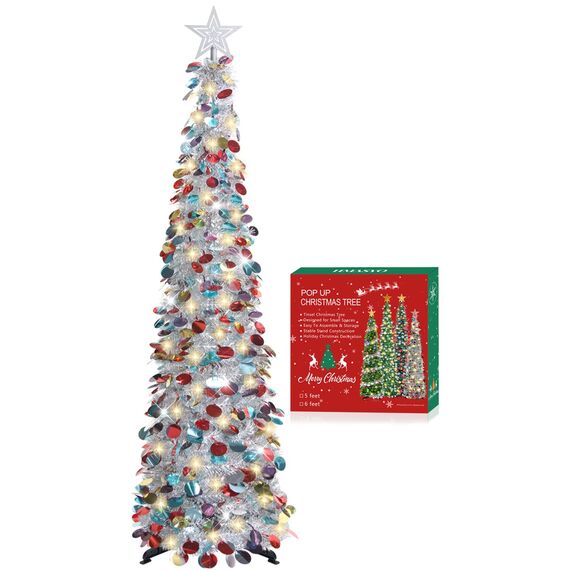 HMASYO 150 cm Pop-Up Lametta Weihnachtsbaum mit 50 Timer-Lichtern, Buntes Silber Zusammenklappbarer Künstlich Schlanken Weihnachtsbaum für den Innenbereich, Zuhause Wohnung Kamin mit Festdekoration