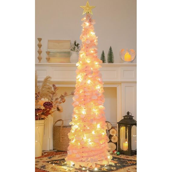 HMASYO 150 cm Pop-Up Lametta Weihnachtsbaum mit 50 Timer-Lichtern, Pink Zusammenklappbarer Künstlich Schlanken Weihnachtsbaum für den Innenbereich, Zuhause Wohnung Kamin mit Festdekoration