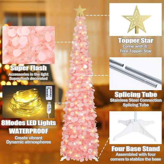 HMASYO 180 cm Pop-Up Lametta Weihnachtsbaum mit 100 Timer-Lichter und Fernbedienung, Pink Zusammenklappbarer Künstlicher Schlanken Weihnachtsbaum für Zuhause Wohnung Büro Festdekoration, USB-Betrieb