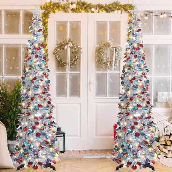 HMASYO 150 cm Pop-Up Lametta Weihnachtsbaum mit 50 Timer-Lichtern, Buntes Silber Zusammenklappbarer Künstlich Schlanken Weihnachtsbaum für den Innenbereich, Zuhause Wohnung Kamin mit Festdekoration