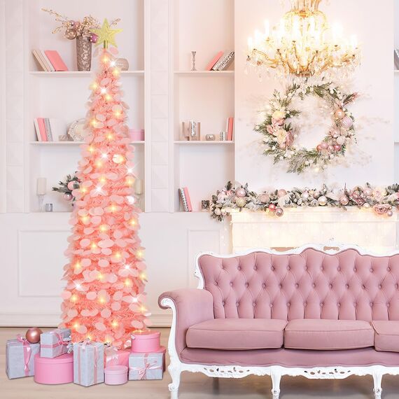 HMASYO 150 cm Pop-Up Lametta Weihnachtsbaum mit 50 Timer-Lichtern, Pink Zusammenklappbarer Künstlich Schlanken Weihnachtsbaum für den Innenbereich, Zuhause Wohnung Kamin mit Festdekoration