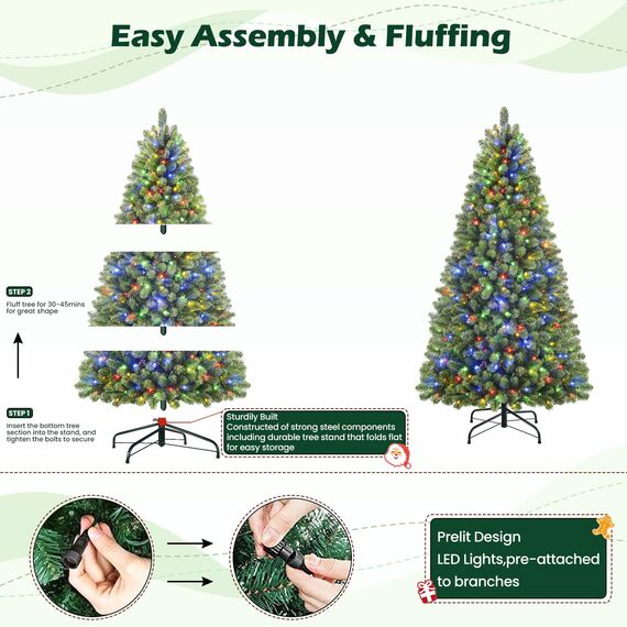 SHareconn 270cm Weihnachtsbaum künstlich mit Beleuchtung, Künstlicher Weihnachtsbaum mit 640 Warmweißen & Mehrfarbigen LED Lichtern, 12 Lichtmodi, 2316 PVC Zweigspitzen, Faltbarem Metallständer