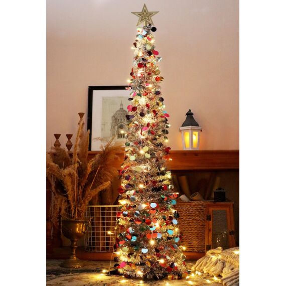 HMASYO 150 cm Pop-Up Lametta Weihnachtsbaum mit 50 Timer-Lichtern, Buntes Silber Zusammenklappbarer Künstlich Schlanken Weihnachtsbaum für den Innenbereich, Zuhause Wohnung Kamin mit Festdekoration