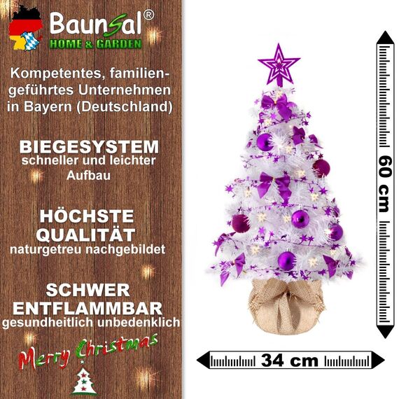 Weihnachtsbaum künstlich (WBD) 60 cm Weiss mit Weihnachtsdeko lila und Led Lichterkette mit Batteriebox und Fernbedienung künstlicher Christbaum klein Tannenbaum