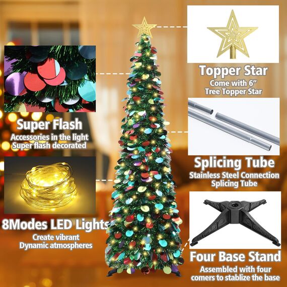 HMASYO 150 cm Pop-Up Lametta Weihnachtsbaum mit 50 Timer-Lichtern, Buntes Grün Zusammenklappbarer Künstlich Schlanken Weihnachtsbaum für den Innenbereich, Zuhause Wohnung Kamin mit Festdekoration