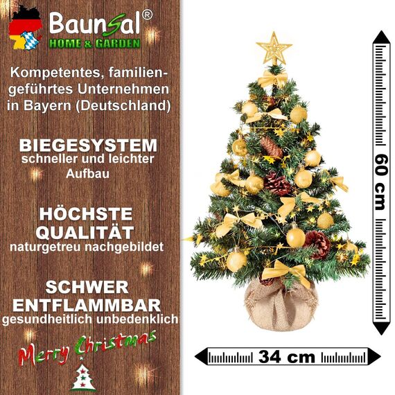Weihnachtsbaum künstlich (WBD) 60 cm grün mit Weihnachtsdeko Gold und Led Lichterkette mit Batteriebox und Fernbedienung künstlicher Christbaum klein Tannenbaum