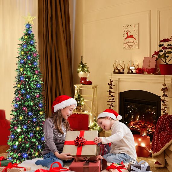 HMASYO Green Leaf Berries 1,5 m großer Pop-up-Weihnachtsbaum mit Zeitschaltuhr-Beleuchtung, Lametta-Weihnachtsbaum, zusammenklappbarer künstlicher Bleistiftbaum, Weihnachtsdekoration für Zuhause