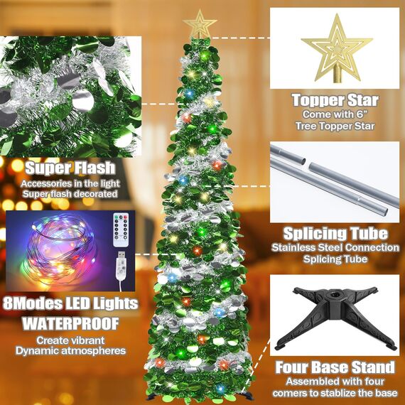 HMASYO 180 cm Pop-Up Lametta Weihnachtsbaum mit 100 Timer-Lichter und Fernbedienung, Zusammenklappbarer Künstlicher Schlanken Weihnachtsbaum für Zuhause Wohnung Büro Festdekoration, USB-Betrieb