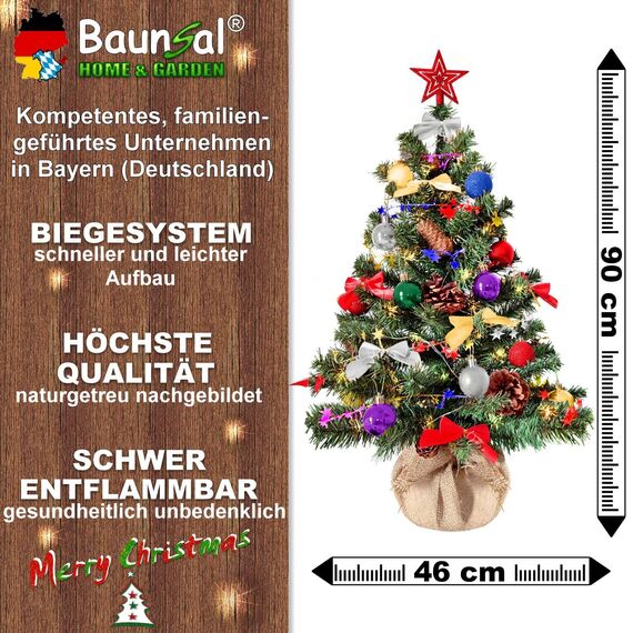 Weihnachtsbaum künstlich (WBD) 90 cm grün mit Weihnachtsdeko bunt und Led Lichterkette mit Batteriebox und Fernbedienung künstlicher Christbaum klein Tannenbaum