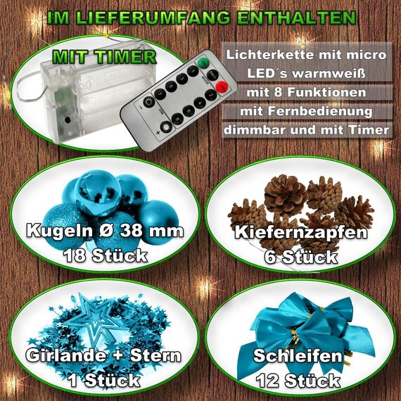 Weihnachtsbaum künstlich (WBD) 75 cm Weiss mit Weihnachtsdeko türkis und Led Lichterkette mit Batteriebox und Fernbedienung künstlicher Christbaum klein Tannenbaum