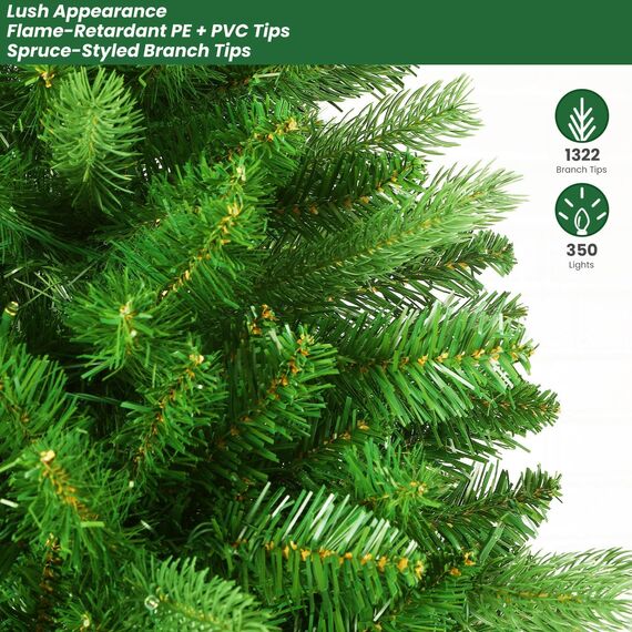 SHareconn 180cm Weihnachtsbaum künstlich mit Beleuchtung, Künstlicher Weihnachtsbaum mit 330 Warmweißen & Mehrfarbigen LED Lichtern, 8 Lichtmodi, 1018 PE & PVC Zweigspitzen, Faltbarem Metallständer