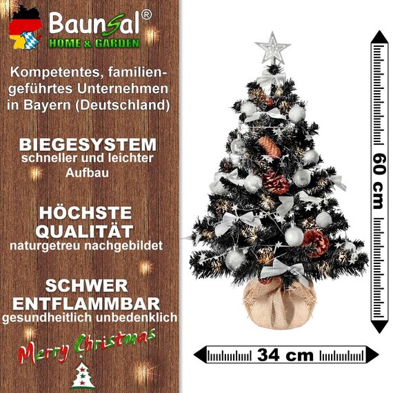 Weihnachtsbaum künstlich (WBD) 60 cm schwarz mit Weihnachtsdeko Silber und Led Lichterkette mit Batteriebox und Fernbedienung künstlicher Christbaum klein Tannenbaum