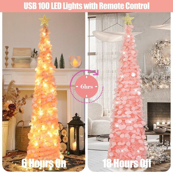 HMASYO 180 cm Pop-Up Lametta Weihnachtsbaum mit 100 Timer-Lichter und Fernbedienung, Pink Zusammenklappbarer Künstlicher Schlanken Weihnachtsbaum für Zuhause Wohnung Büro Festdekoration, USB-Betrieb