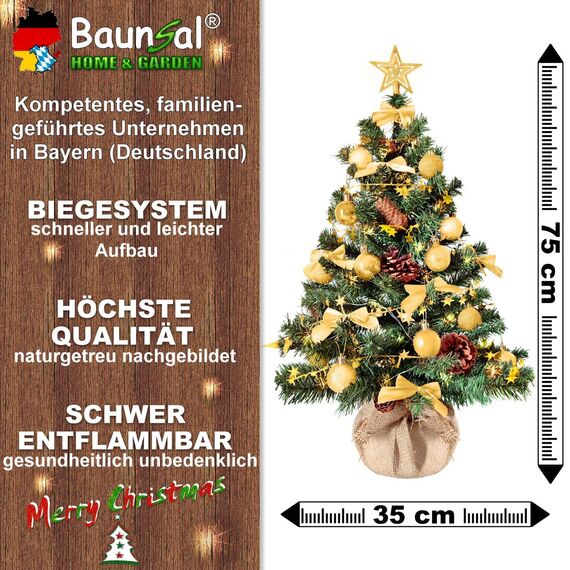 Weihnachtsbaum künstlich (WBD) 75 cm grün mit Weihnachtsdeko Gold und Led Lichterkette mit Batteriebox und Fernbedienung künstlicher Christbaum klein Tannenbaum