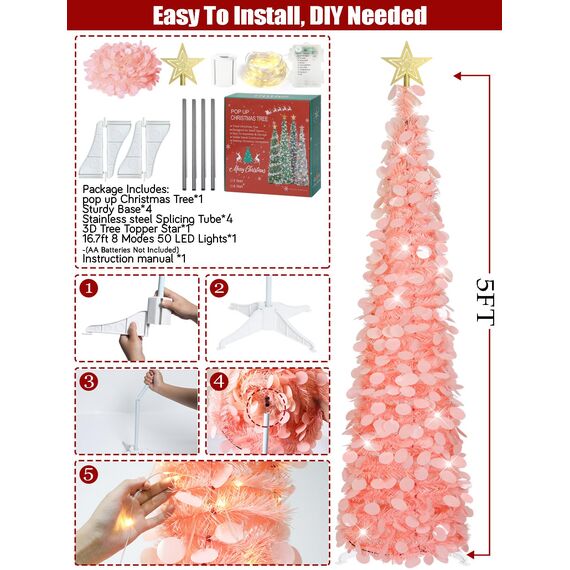 HMASYO 150 cm Pop-Up Lametta Weihnachtsbaum mit 50 Timer-Lichtern, Pink Zusammenklappbarer Künstlich Schlanken Weihnachtsbaum für den Innenbereich, Zuhause Wohnung Kamin mit Festdekoration