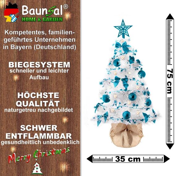 Weihnachtsbaum künstlich (WBD) 75 cm Weiss mit Weihnachtsdeko türkis und Led Lichterkette mit Batteriebox und Fernbedienung künstlicher Christbaum klein Tannenbaum
