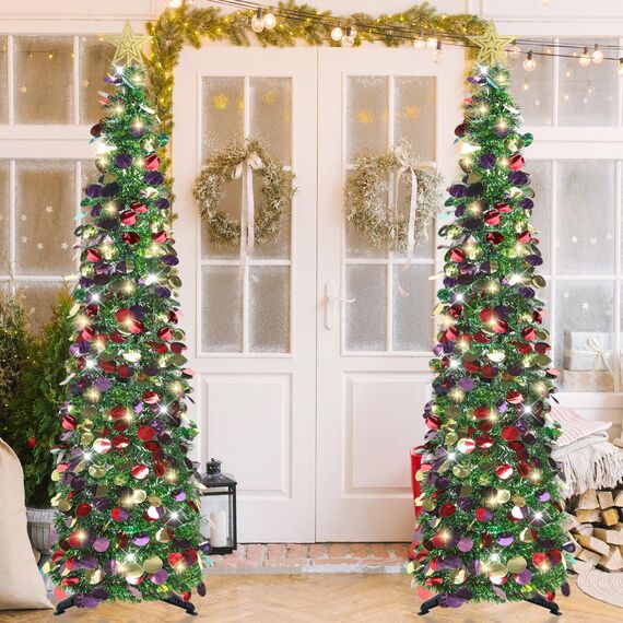 HMASYO 150 cm Pop-Up Lametta Weihnachtsbaum mit 50 Timer-Lichtern, Buntes Grün Zusammenklappbarer Künstlich Schlanken Weihnachtsbaum für den Innenbereich, Zuhause Wohnung Kamin mit Festdekoration