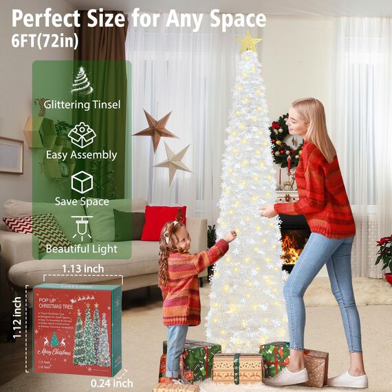 HMASYO 180 cm Pop-Up Lametta Weihnachtsbaum mit 100 Timer-Lichter und Fernbedienung, Weiß Zusammenklappbarer Künstlicher Schlanken Weihnachtsbaum für Zuhause Wohnung Büro Festdekoration, USB-Betrieb