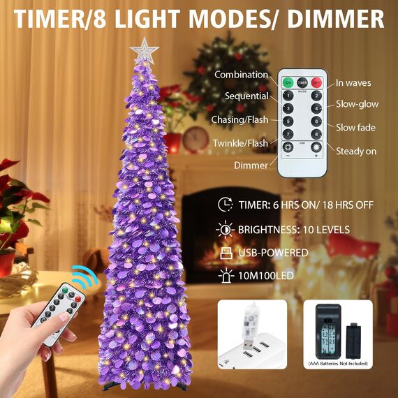 HMASYO Pop-Up-Weihnachtsbaum mit 100 LED-Lichtern und Fernbedienung, violetter Weihnachts-Lametta-Baum, zusammenklappbarer künstlicher Bleistiftbaum für Zuhause, Büro, Party-Dekoration, USB-betriebene