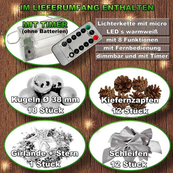 Weihnachtsbaum künstlich (WBD) 90 cm grün mit Weihnachtsdeko Silber und Led Lichterkette mit Batteriebox und Fernbedienung künstlicher Christbaum klein Tannenbaum