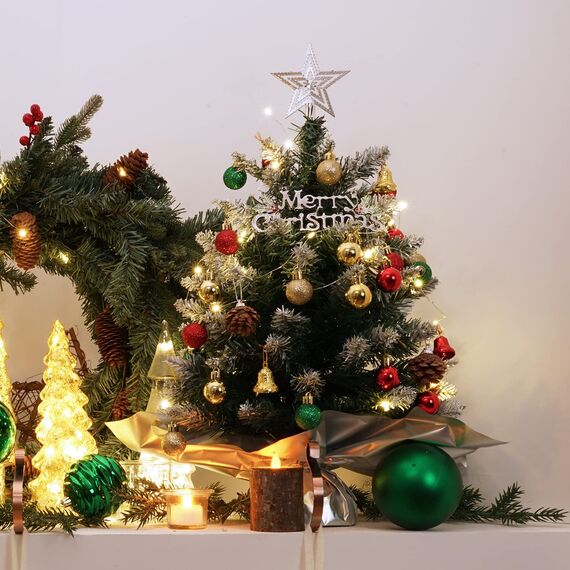 XmasExp Mini-Weihnachtsbaum-Set mit 2 LED-Lichtern, Stern-Baumkronen, Ornamenten, Kugeln, Glocken und Tannenzapfen, 50,8 cm, silberfarben