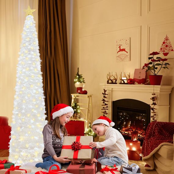 HMASYO 180 cm Pop-Up Lametta Weihnachtsbaum mit 100 Timer-Lichter und Fernbedienung, Weiß Zusammenklappbarer Künstlicher Schlanken Weihnachtsbaum für Zuhause Wohnung Büro Festdekoration, USB-Betrieb