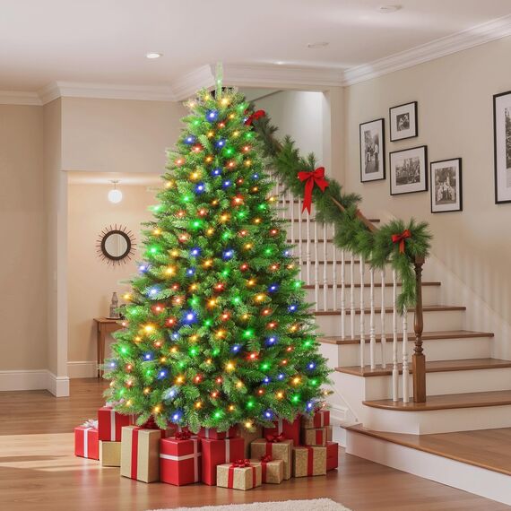 SHareconn 180cm Weihnachtsbaum künstlich mit Beleuchtung, Künstlicher Weihnachtsbaum mit 330 Warmweißen & Mehrfarbigen LED Lichtern, 8 Lichtmodi, 1018 PE & PVC Zweigspitzen, Faltbarem Metallständer