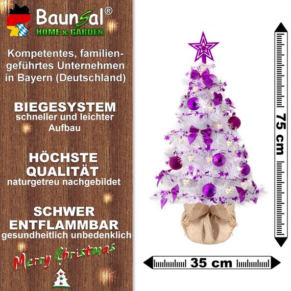Weihnachtsbaum künstlich (WBD) 75 cm Weiss mit Weihnachtsdeko lila und Led Lichterkette mit Batteriebox und Fernbedienung künstlicher Christbaum klein Tannenbaum