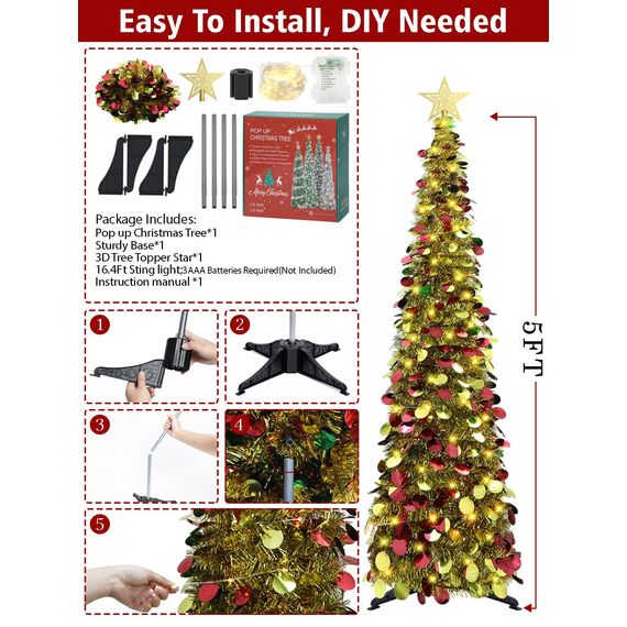 HMASYO 150 cm Pop-Up Lametta Weihnachtsbaum mit 50 Timer-Lichtern, Buntes Gold Zusammenklappbarer Künstlich Schlanken Weihnachtsbaum für den Innenbereich, Zuhause Wohnung Kamin mit Festdekoration