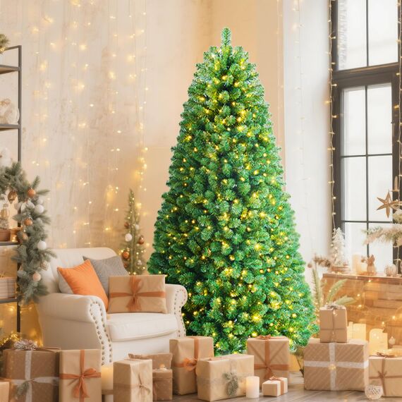 SHareconn 270cm Weihnachtsbaum künstlich mit Beleuchtung, Künstlicher Weihnachtsbaum mit 640 Warmweißen & Mehrfarbigen LED Lichtern, 12 Lichtmodi, 2316 PVC Zweigspitzen, Faltbarem Metallständer