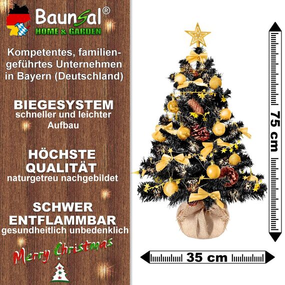 Weihnachtsbaum künstlich (WBD) 75 cm schwarz mit Weihnachtsdeko Gold und Led Lichterkette mit Batteriebox und Fernbedienung künstlicher Christbaum klein Tannenbaum