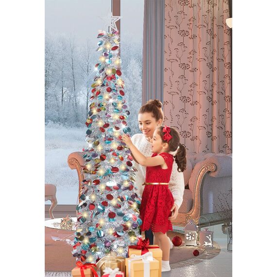 HMASYO 150 cm Pop-Up Lametta Weihnachtsbaum mit 50 Timer-Lichtern, Buntes Silber Zusammenklappbarer Künstlich Schlanken Weihnachtsbaum für den Innenbereich, Zuhause Wohnung Kamin mit Festdekoration