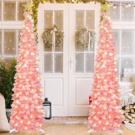 HMASYO 150 cm Pop-Up Lametta Weihnachtsbaum mit 50 Timer-Lichtern, Pink Zusammenklappbarer Künstlich Schlanken Weihnachtsbaum für den Innenbereich, Zuhause Wohnung Kamin mit Festdekoration