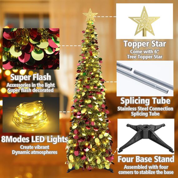 HMASYO 150 cm Pop-Up Lametta Weihnachtsbaum mit 50 Timer-Lichtern, Buntes Gold Zusammenklappbarer Künstlich Schlanken Weihnachtsbaum für den Innenbereich, Zuhause Wohnung Kamin mit Festdekoration