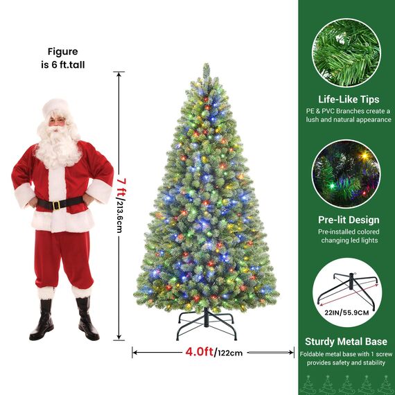SHareconn 210cm Weihnachtsbaum künstlich mit Beleuchtung, Künstlicher Weihnachtsbaum mit 400 Warmweißen & Mehrfarbigen LED Lichtern, 12 Lichtmodi, 1062 PVC Zweigspitzen, Faltbarem Metallständer
