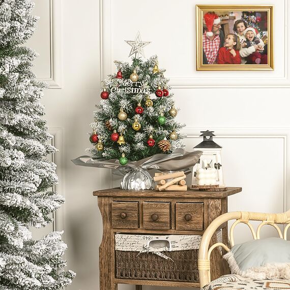 XmasExp Mini-Weihnachtsbaum-Set mit 2 LED-Lichtern, Stern-Baumkronen, Ornamenten, Kugeln, Glocken und Tannenzapfen, 50,8 cm, silberfarben