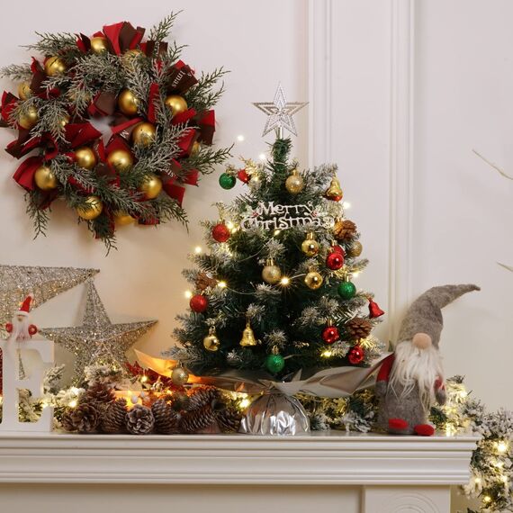 XmasExp Mini-Weihnachtsbaum-Set mit 2 LED-Lichtern, Stern-Baumkronen, Ornamenten, Kugeln, Glocken und Tannenzapfen, 50,8 cm, silberfarben