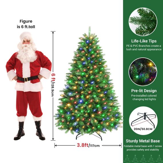 SHareconn 180cm Weihnachtsbaum künstlich mit Beleuchtung, Künstlicher Weihnachtsbaum mit 330 Warmweißen & Mehrfarbigen LED Lichtern, 8 Lichtmodi, 1018 PE & PVC Zweigspitzen, Faltbarem Metallständer