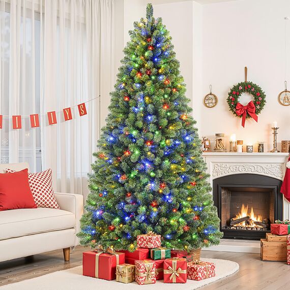 SHareconn 210cm Weihnachtsbaum künstlich mit Beleuchtung, Künstlicher Weihnachtsbaum mit 400 Warmweißen & Mehrfarbigen LED Lichtern, 12 Lichtmodi, 1062 PVC Zweigspitzen, Faltbarem Metallständer