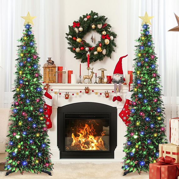 HMASYO Green Leaf Berries 1,5 m großer Pop-up-Weihnachtsbaum mit Zeitschaltuhr-Beleuchtung, Lametta-Weihnachtsbaum, zusammenklappbarer künstlicher Bleistiftbaum, Weihnachtsdekoration für Zuhause
