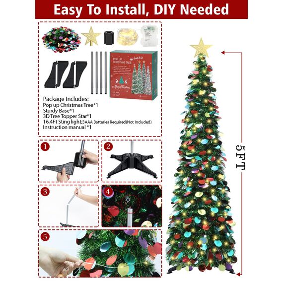 HMASYO 150 cm Pop-Up Lametta Weihnachtsbaum mit 50 Timer-Lichtern, Buntes Grün Zusammenklappbarer Künstlich Schlanken Weihnachtsbaum für den Innenbereich, Zuhause Wohnung Kamin mit Festdekoration