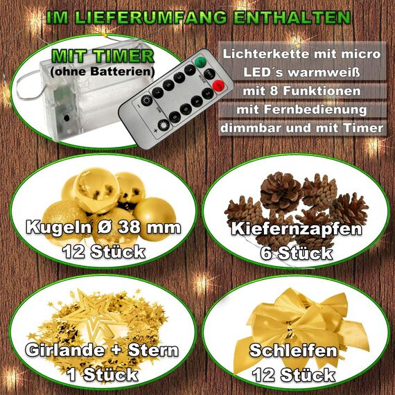 Weihnachtsbaum künstlich (WBD) 60 cm grün mit Weihnachtsdeko Gold und Led Lichterkette mit Batteriebox und Fernbedienung künstlicher Christbaum klein Tannenbaum