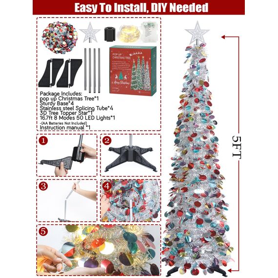 HMASYO 150 cm Pop-Up Lametta Weihnachtsbaum mit 50 Timer-Lichtern, Buntes Silber Zusammenklappbarer Künstlich Schlanken Weihnachtsbaum für den Innenbereich, Zuhause Wohnung Kamin mit Festdekoration