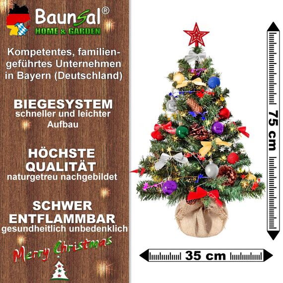 Weihnachtsbaum künstlich (WBD) 75 cm grün mit Weihnachtsdeko bunt und Led Lichterkette mit Batteriebox und Fernbedienung künstlicher Christbaum klein Tannenbaum