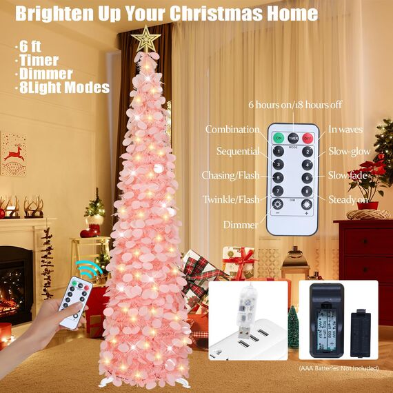 HMASYO 180 cm Pop-Up Lametta Weihnachtsbaum mit 100 Timer-Lichter und Fernbedienung, Pink Zusammenklappbarer Künstlicher Schlanken Weihnachtsbaum für Zuhause Wohnung Büro Festdekoration, USB-Betrieb