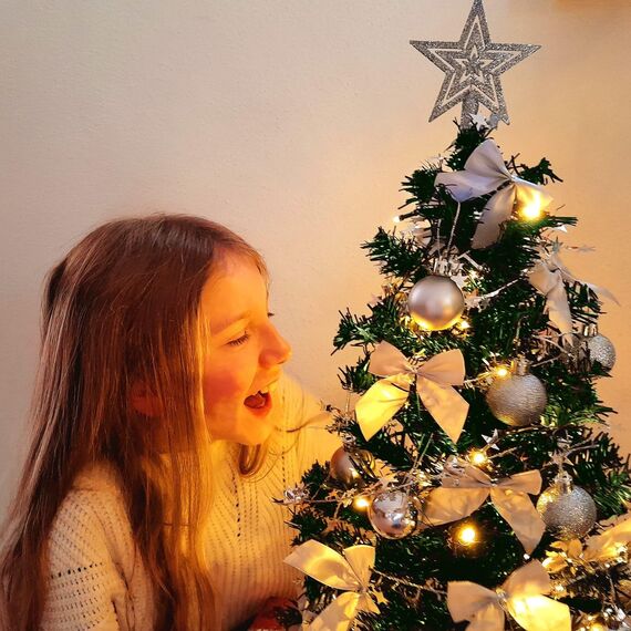 Weihnachtsbaum künstlich (WBD) 60 cm grün mit Weihnachtsdeko Silber und Led Lichterkette mit Batteriebox und Fernbedienung künstlicher Christbaum klein Tannenbaum