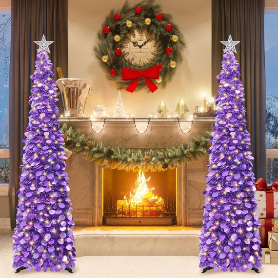 HMASYO Pop-Up-Weihnachtsbaum mit 100 LED-Lichtern und Fernbedienung, violetter Weihnachts-Lametta-Baum, zusammenklappbarer künstlicher Bleistiftbaum für Zuhause, Büro, Party-Dekoration, USB-betriebene