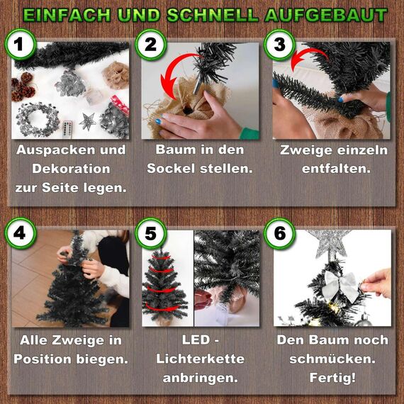 Weihnachtsbaum künstlich (WBD) 60 cm schwarz mit Weihnachtsdeko Silber und Led Lichterkette mit Batteriebox und Fernbedienung künstlicher Christbaum klein Tannenbaum