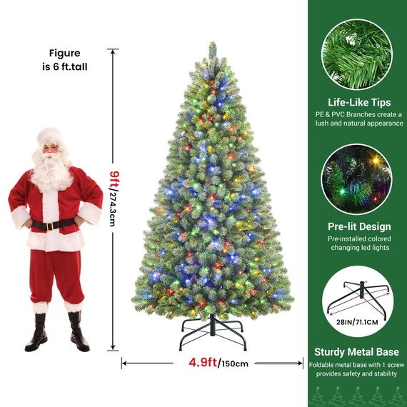 SHareconn 270cm Weihnachtsbaum künstlich mit Beleuchtung, Künstlicher Weihnachtsbaum mit 640 Warmweißen & Mehrfarbigen LED Lichtern, 12 Lichtmodi, 2316 PVC Zweigspitzen, Faltbarem Metallständer